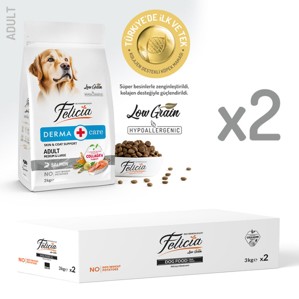 Felicia 6 Kg (2x3 Kg) Kolajenli Somonlu Az Tahıllı M/Large Yetişkin Köpek Maması. Breed HypoAllergenic Köpek Maması