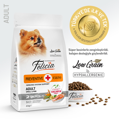 Felicia - Felicia 6 Kg (2x3 Kg) Kolajenli Somonlu Az Tahıllı Small/Mini Yetişkin Köpek Maması /Mini HypoAllergenic Köpek Maması