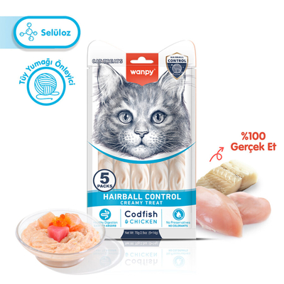 Wanpy - Wanpy Hairball Control Morina balığı&Tavuk 12'li-F.Krema Ödül 5x14gr