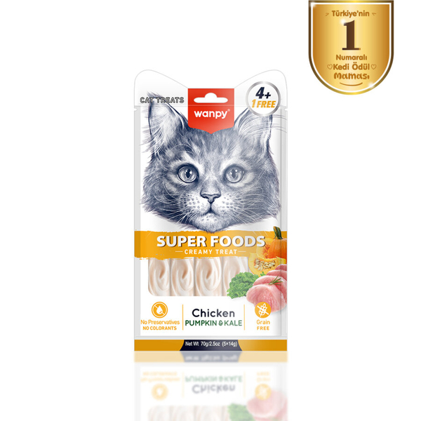 Wanpy Superfood Balkabağı & Kara Lahanalı 12’li – Krema Kedi Ödülü 5×14 g