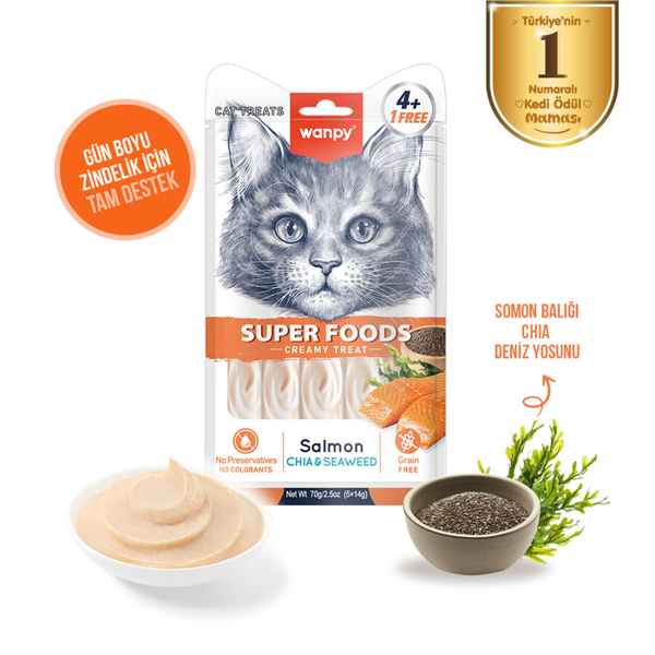 Wanpy Superfood Somonlu, Chia & Deniz Yosunlu 12’li – Krema Kedi Ödülü 5×14 g
