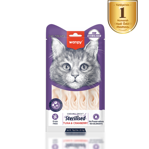 Wanpy Ton Balıklı & Kızılcıklı 12’li – Kısırlaştırılmış Kedi Krema Ödülü 5×14 g