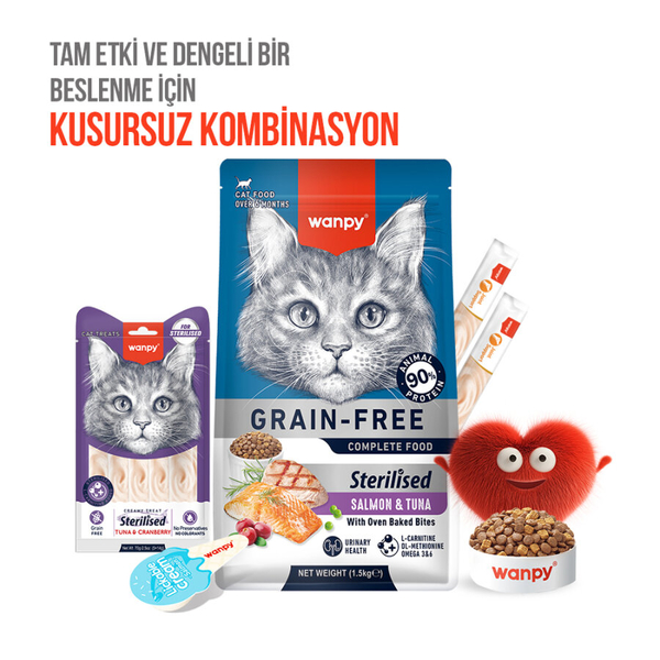 Wanpy Ton Balıklı & Kızılcıklı 12’li – Kısırlaştırılmış Kedi Krema Ödülü 5×14 g